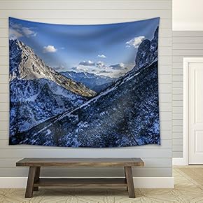 Winter Landscape of Mountain with Snow in The Blue Sky - Fabric Wall Tapestry Home Decor - 51x60 inches
