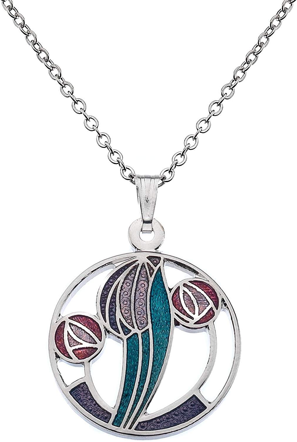 Purple Rennie Mackintosh Inspired Rose and Tulip Design Pendant with Chain and Gift Box
