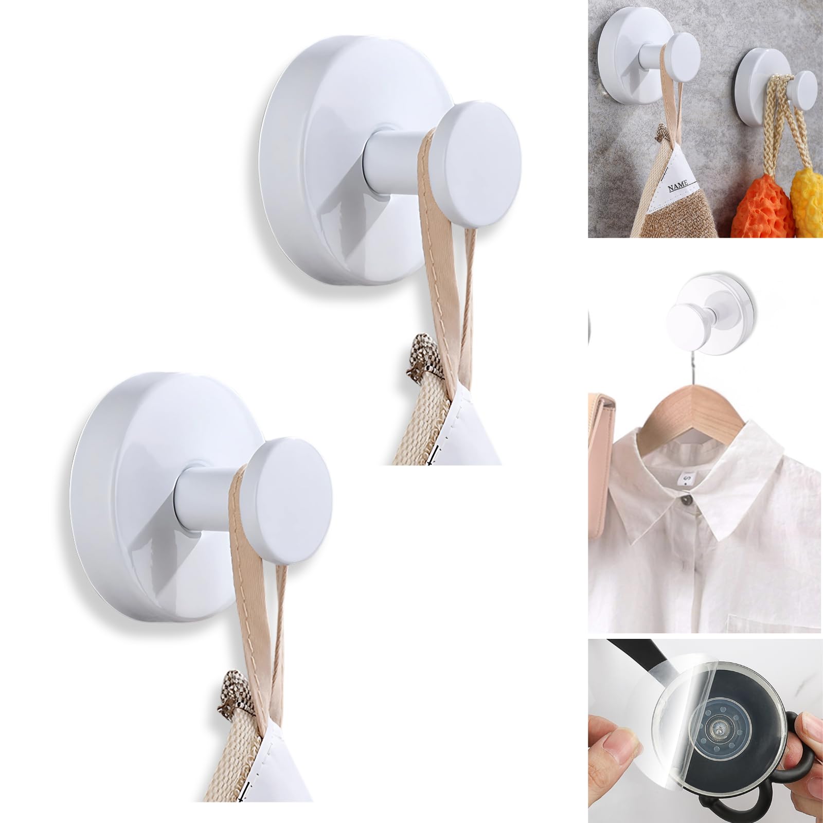 Boxonly No-Drill Suction Hooks, Stainless Steel Waterproof Hooks for Bathroom, Shower, Kitchen, and Mirrors – Heavy Duty Towel Holders (Multipack, White)