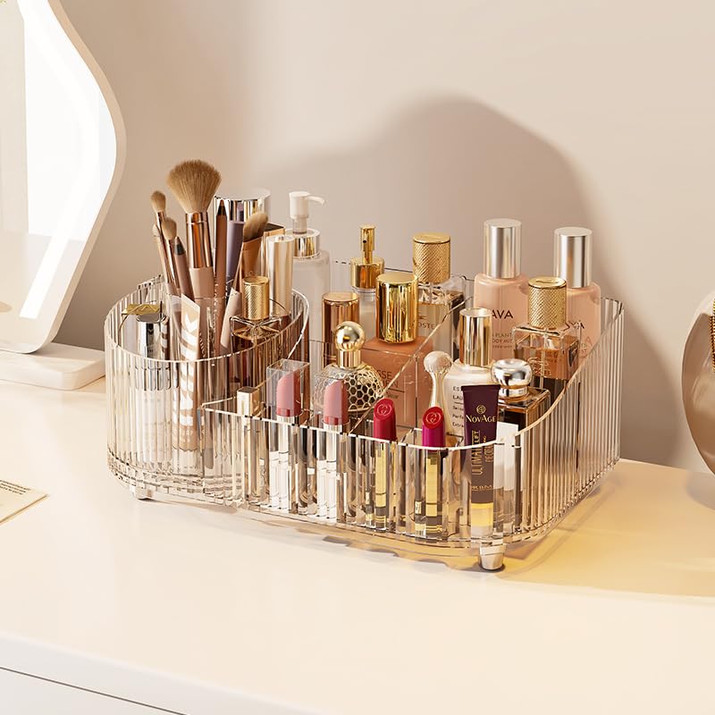 BEMANZ Makeup Organizer with Stackable Drawers and Rotating Module, Transparent with Cream Drawer for Cosmetics, Brushes and Perfumes for Vanity and Desk Makeup Organizer
