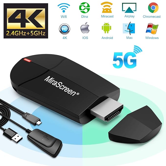 WiFi Display Dongle - 2.4G + 5G Wireless 4K HDMI Display Adapter, Mini Spiegelungsgerät Unterstützung Miracast AirPlay DLNA f