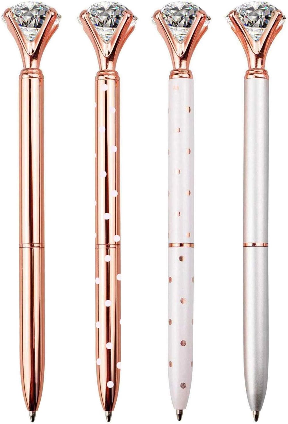 LONGKEY 4PCS Diamond Pens Ballpoint Pen Bling Metal Ballpoint Pen Office and School, Silver/White Rose Polka Dot/Rose Gold/Rose Gold with White Polka Dots, Including 4Pen Refills. …