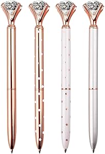 LONGKEY 4PCS Diamond Pens Ballpoint Pen Bling Metal Ballpoint Pen Office and School, Silver/White Rose Polka Dot/Rose Gold/Rose Gold with White Polka Dots, Including 4Pen Refills. …