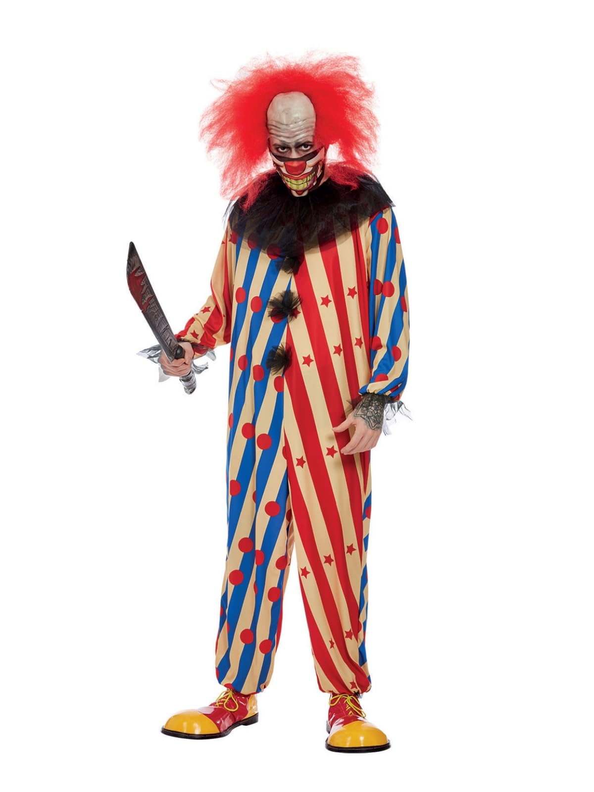 Smiffys Creepy Clown Costume, Red & Blue All In One, Neck Ruffle & Mask, Halloween Adult Fancy Dress, Clown Dress Up Costumes