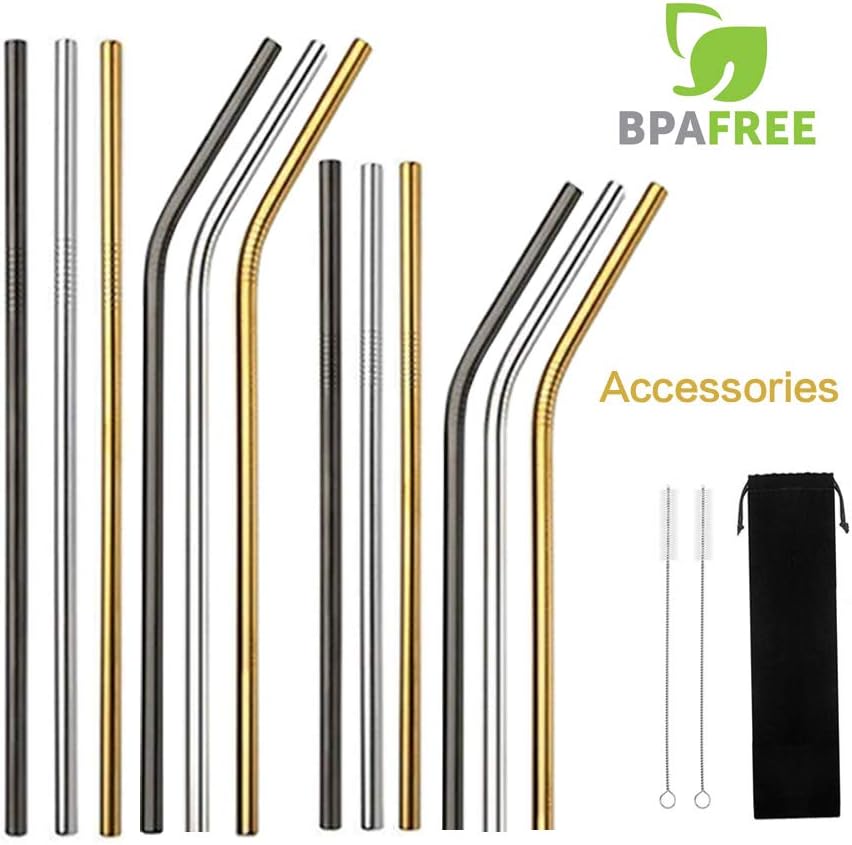 WORTHBUY 12-Pack Stainless Steel Metal Straws with 2 Cleaning Brush, Reusable Drinking Straws for 30oz / 20oz Tumblers Yeti(Multi-Colored)