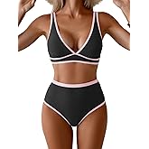 Aidonger Women's High Waisted Bikini Sets Two Piece Color Block Triangle Swimsuits Sexy V Neck Bathing Suits