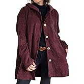 chouyatou Women's Spring Fall Corduroy Jacket with Hood Casual Loose Button Down Hooded Corduroy Trench Coat Outerwear