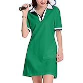 WOWULOVELY Polo Dress for Women V Neck Casual Short Sleeve Mini Shirt Dress Flowy Contrast Color Golf Tennis A Line Dresses(Green-XL)