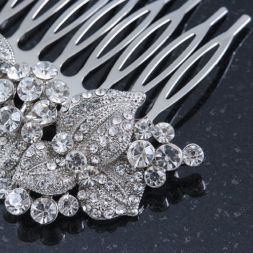 Bridal/ Wedding/ Prom/ Party Rhodium Plated Austrian Clear Crystal 'Leaves & Flowers' Hair Comb - 80mm