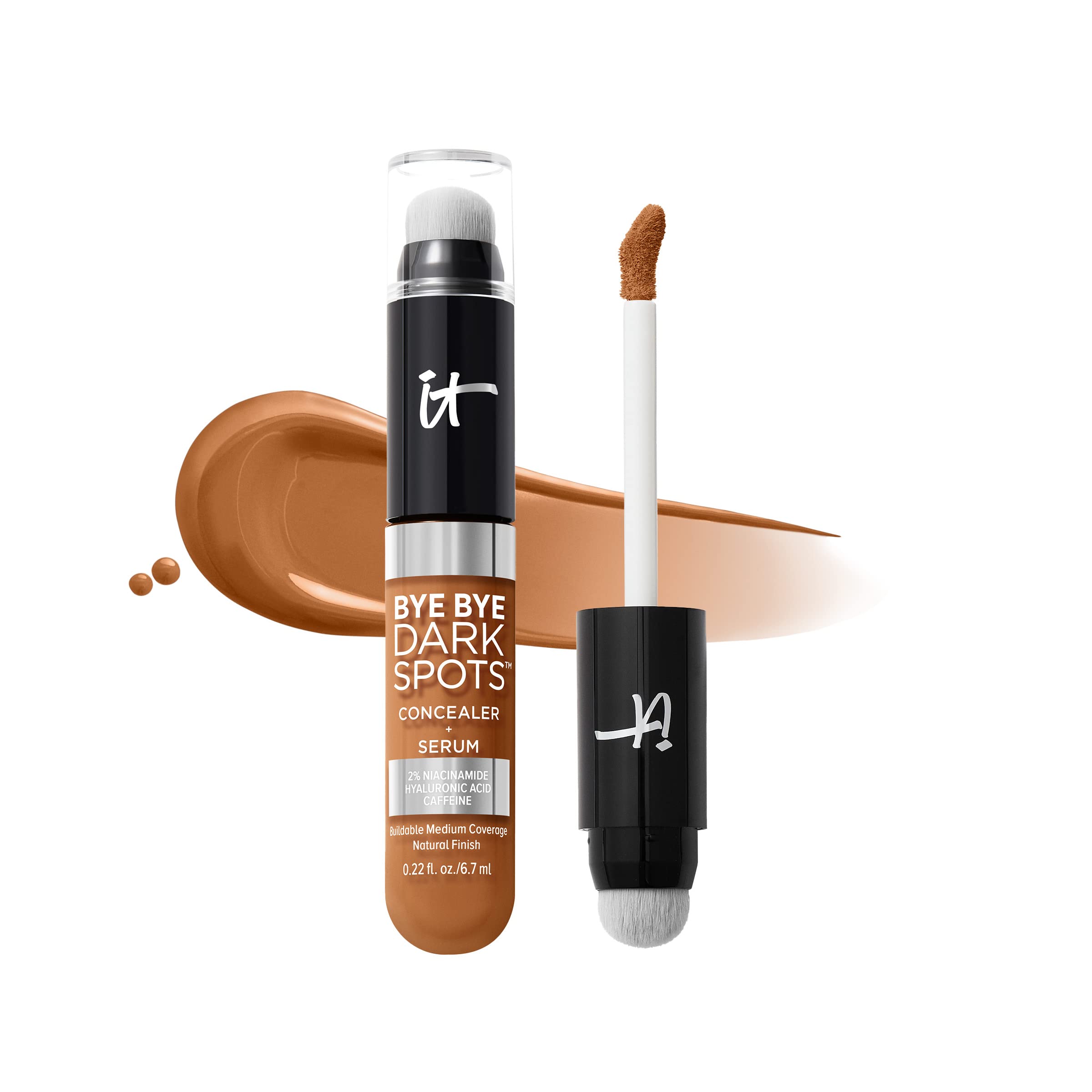 IT Cosmetics, Bye Bye Dark Spots Concealer + Serum, Medium Coverage, Made with Niacinamide, Hyaluronic Acid & Caffeine, Shade: 44 Tan Warm, 6.7 ml