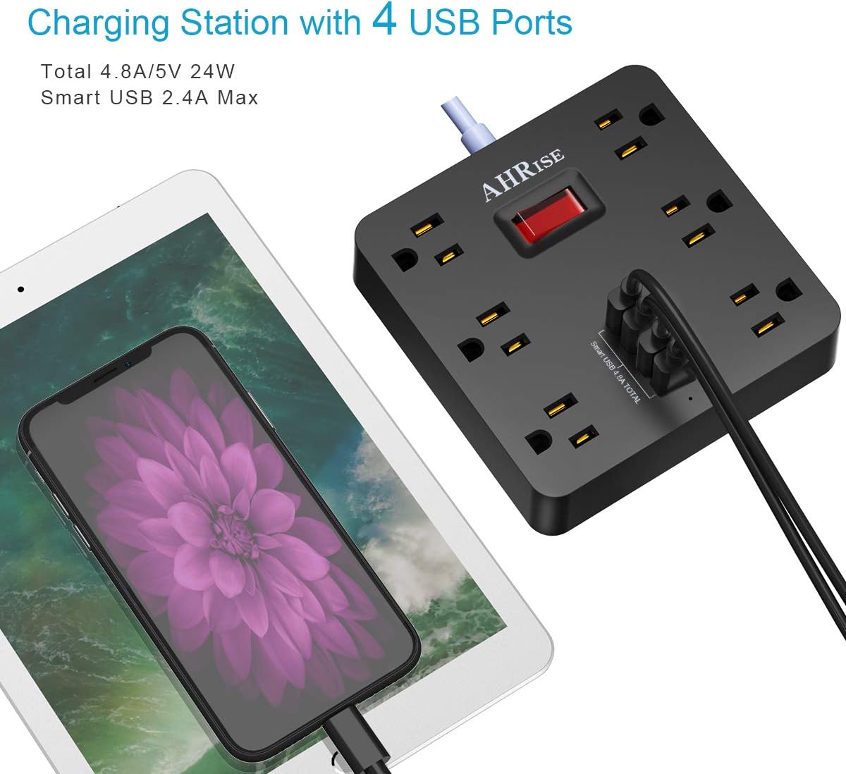 Power Strip, AHRISE Extension Cord with 6 AC Outlets and 4 USB Charging Ports(5V/4.8A,24W) for Smartphone Tablets Home, Office, Hotel, Cruise Ship, 5 Feet Long Cord, ETL Listed -Black: Home Audio & Theater