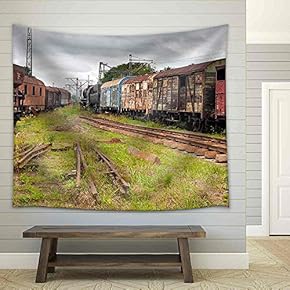 Abandoned Old Railway Wagons at Station - Fabric Wall Tapestry Home Decor - 51x60 inches