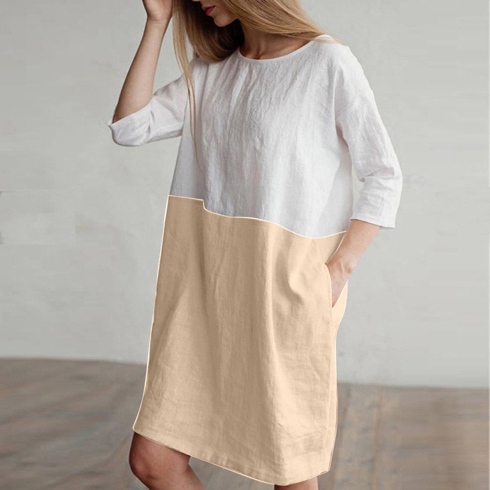 POTO Women Dresses, Loose Color Stitching Casual Dresses with Pockets Cotton Linen Tunic Dress Party Dress Beach Dress