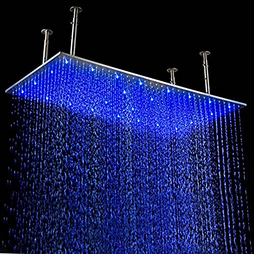 KunMai Modern Luxurious 20"x40" LED Stainless Steel Rectangle Ceiling Rain Shower Head (With LED, Brushed Nickel) - Thumbnail 3