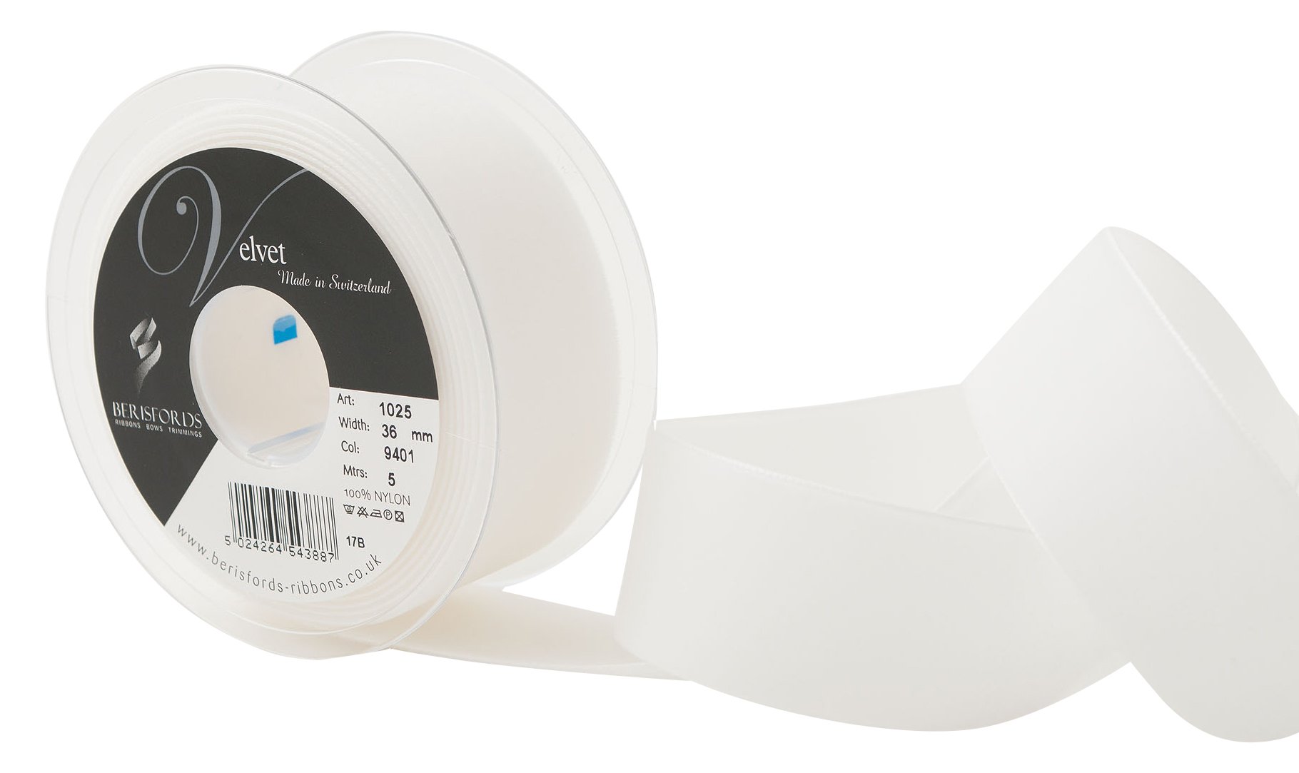 Berisfords Velvet Ribbon, White, 10.2 cm x 5m x 3.6 cm