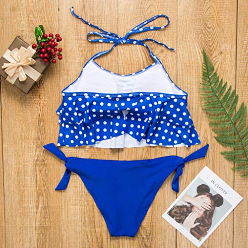 Women 2 Piece Halter Bikini Set Ruffle Backless Crop Dot Printed Bottom Bathing Suit Swimwear (Blue, L) - Thumbnail 2
