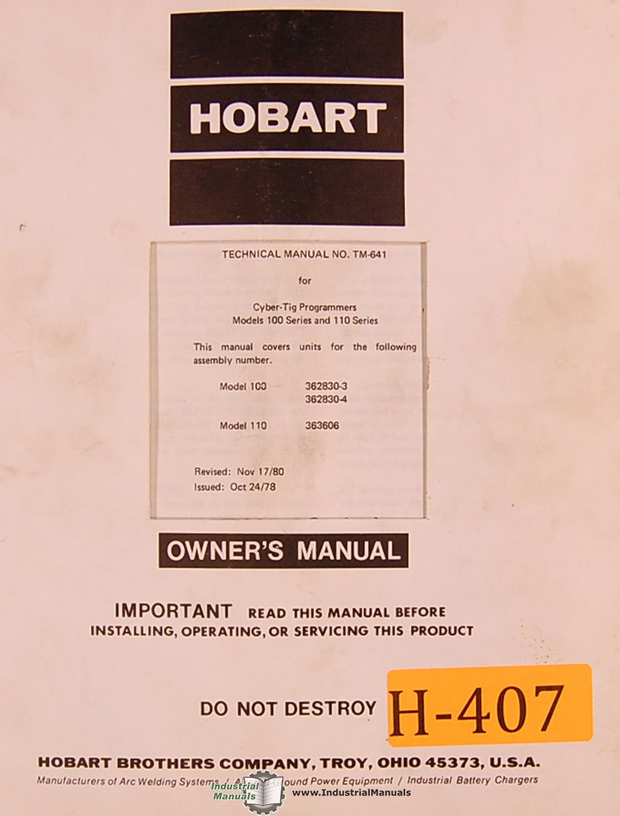 Hobart 100 And 110 Series Cyber Tig Welder Programming Electrical And Parts Manual Hobart Amazon Com Books