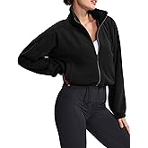 THE GYM PEOPLE Women's Fleece Cropped Jacket Full Zip Stand Collar Workout Short Sherpa Coats with Pockets Drawstring Hem