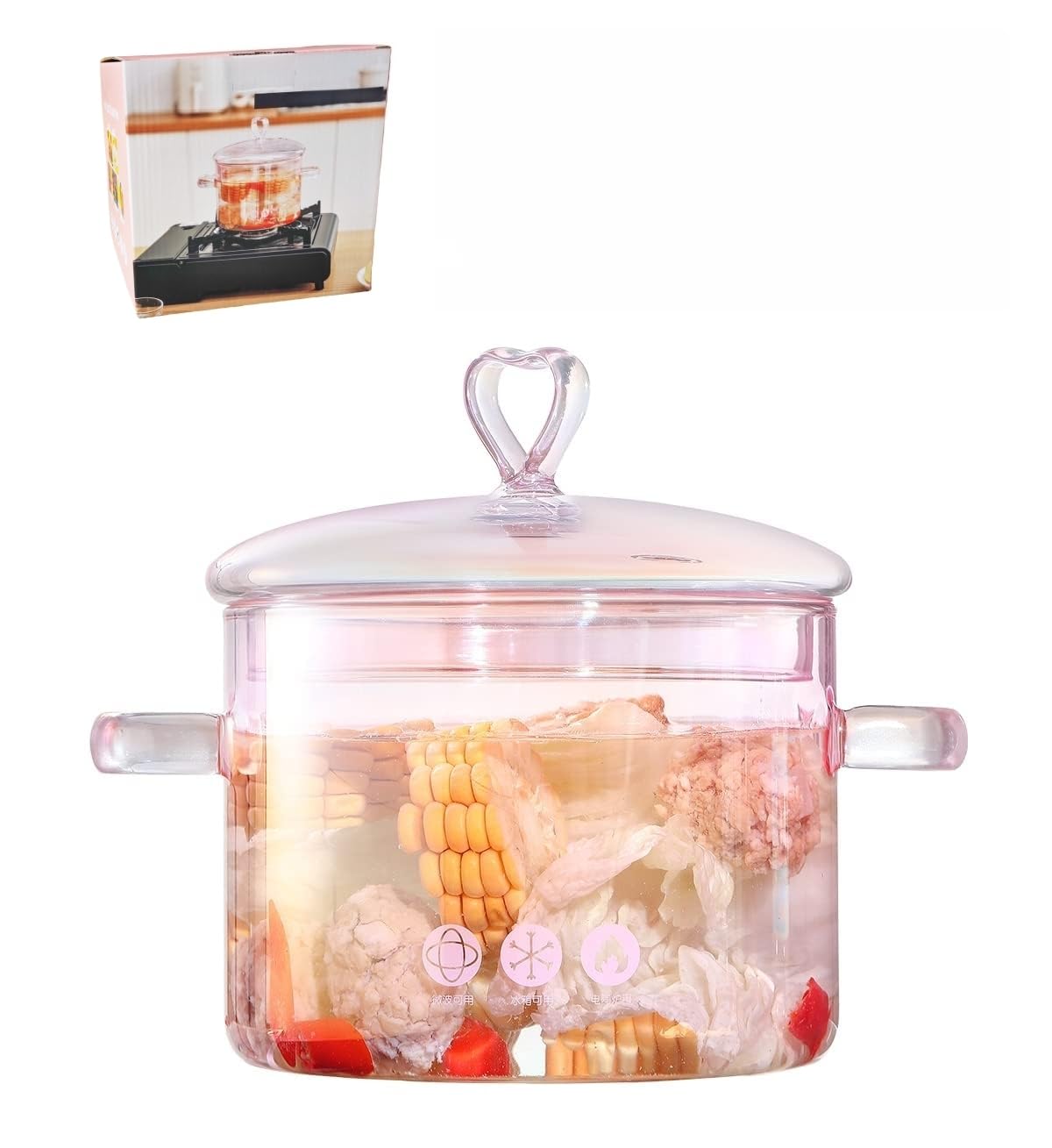 Photo 1 of 1.5L Pink Glass Potpourri Pot, 1500ml (51oz), Glass Cooking Pot, Heart-shaped Lid, Easy to Clean, Heat Resistant, Safe for Oven, Gas, Electric Stoves, and Dishwashers. for Potpourri, Pasta, and Soups.