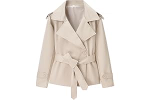 Women Cropped Trench Coats Double Breasted Lapel Short Jackets with Belt Long Sleeve Trendy Business Outerwear Office Shacket