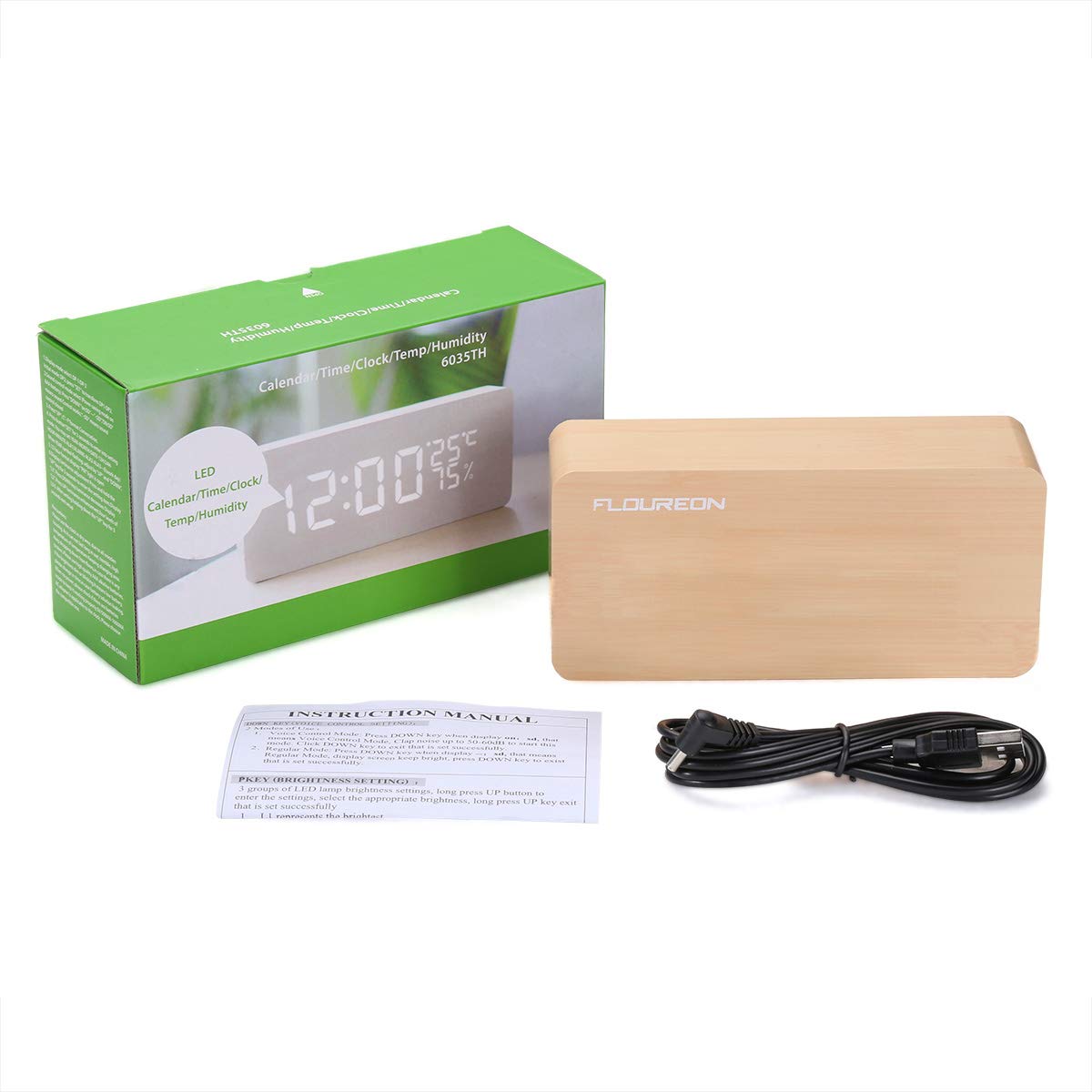 floureon Wooden LED Alarm Clock, FOULREN Wood Cube Digital Desk Alarm Clock with 3 Brightness Adjustable, 3 Set of Alarm, Dual Power, Voice Control, Time/Temperature/ Humidity Displaying (Wooden)