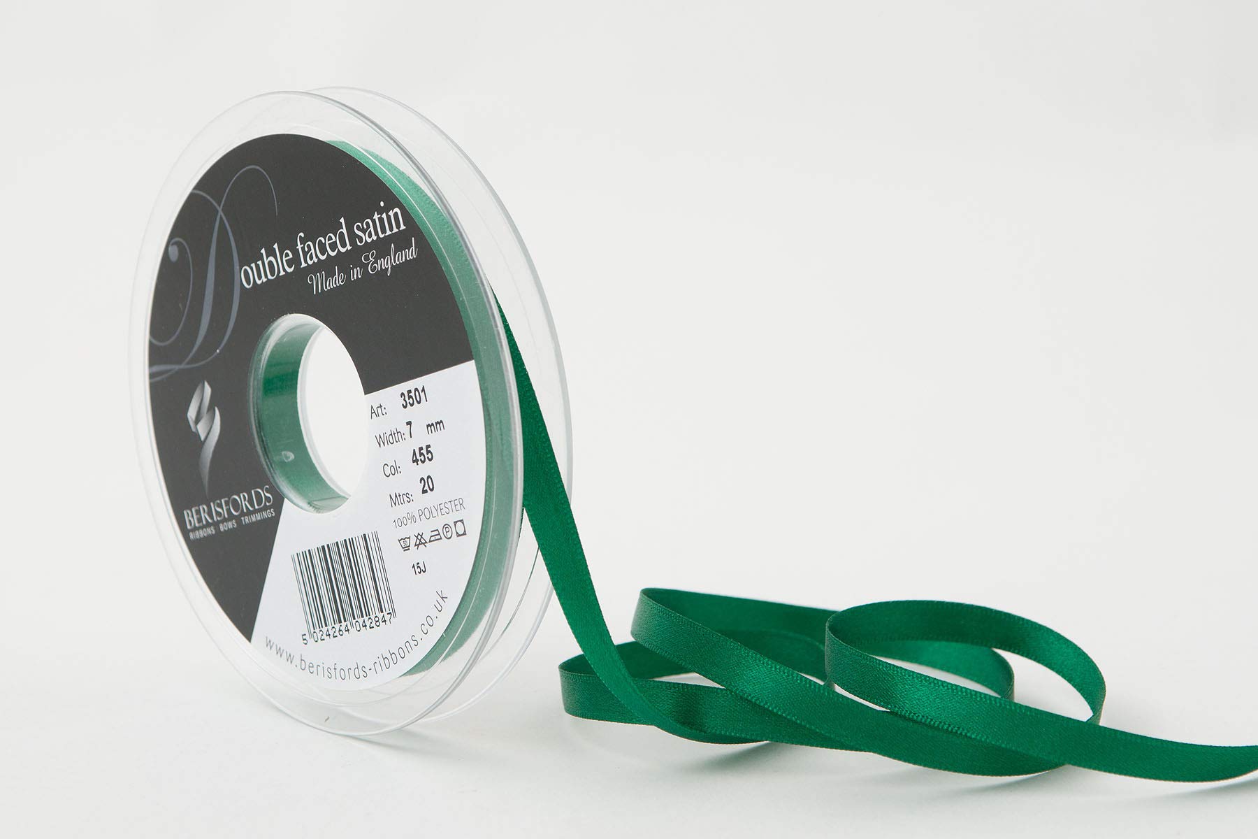 Berisfords Double FACE Poly Satin Ribbon, Hunter Green, 7 mm