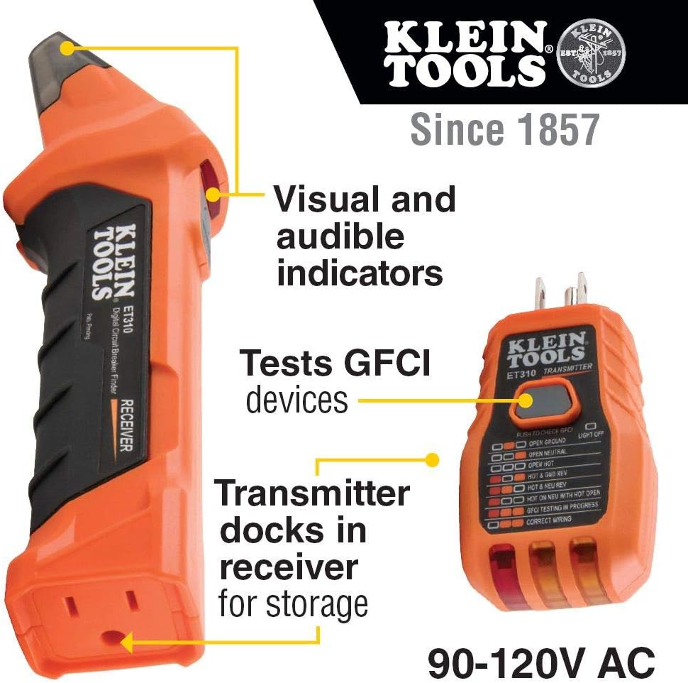 Klein Tools ET310 AC Circuit Breaker Finder with Integrated GFCI Outlet Tester - - 