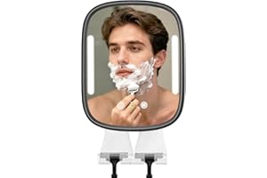 Showvigor Fogless Shower Mirrors with LED Lights - Rechargeable Wall Mounted Bathroom Mirror No-Drilling with 2 Razor Holders & Suction Cups Waterproof Anti-Fog Grooming Mirror for Men（Black）