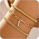 Ritach Gold Bracelets for Women Girls - 3PCS Real Gold Plated Initial Bracelet Dainty Gold Beaded Bracelet Stackable Cuban Link Paperclip Chain Bracelets Sets for Women Teen Girls Gifts