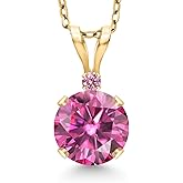 Gem Stone King 14K Yellow Gold Pink Moissanite and Pink Lab Grown Diamond Pendant Necklace for Women | 0.82 Cttw | Gemstone Birthstone | Round 6MM | With 18 Inch Silver Chain