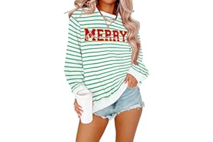 KIDDAD Christmas Sweatshirts for Women Glitter Patch Merry Christmas Letter Print Sweater Embroidered Striped Pullover Tops