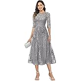 Sparkly Sequin Mother of The Bride Dresses Tea Length Applique Lace Formal Evening Gown with Sleeves