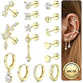 16 20 Gauge Cartilage Earrings for Women Flat Back Hypoallergenic Surgical Steel Small Flatback Stud Hoop Cartilage Earring Stack Set Daith Conch Tragus Helix Piercing Jewelry 15-21Pcs