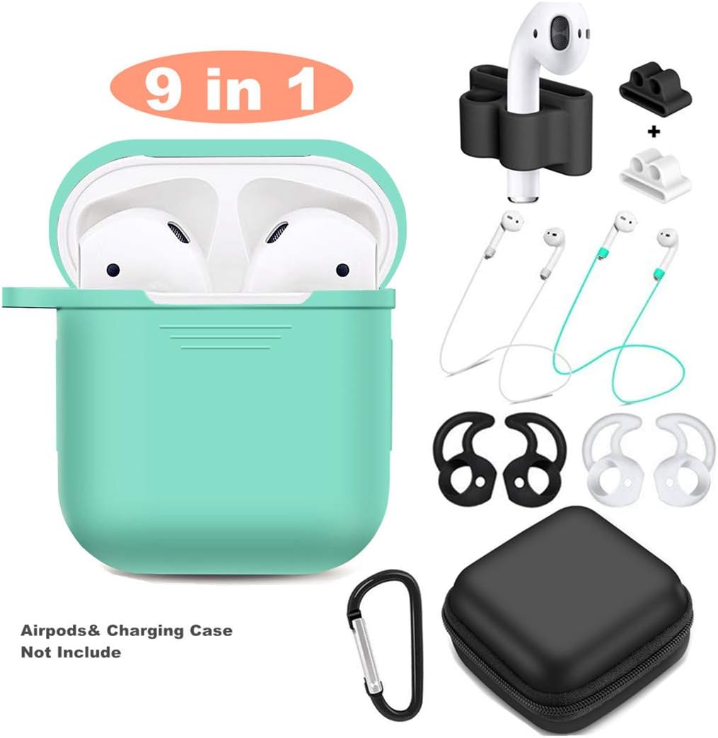 TAOSANHU AirPods Case 9 in 1 Airpods Accessories Kits Protective Silicone Cover and Skin Compatible Apple Airpods 1 Charging Case with Airpods Ear Hook/Tips/Airpods Strap/Clips/Watch Band Holder