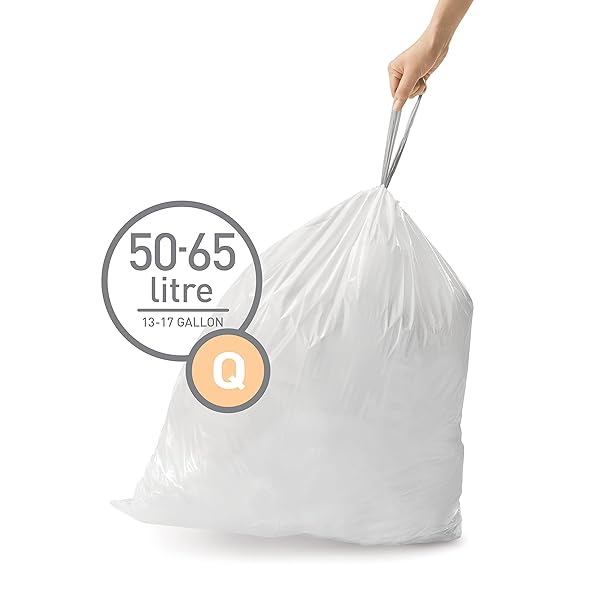 SIMPLEHUMAN CODE Q CUSTOM FIT DRAWSTRING TRASH BAGS IN DISPENSER PACKS, 20 COUNT, 50-65 LITER / 13.2-17.2 GALLON, WHITE