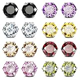 JewelrieShop Lady 8 Pairs Round Square Cuts Stud Earrings, Stainless Steel Cubic Zirconia Rings Set
