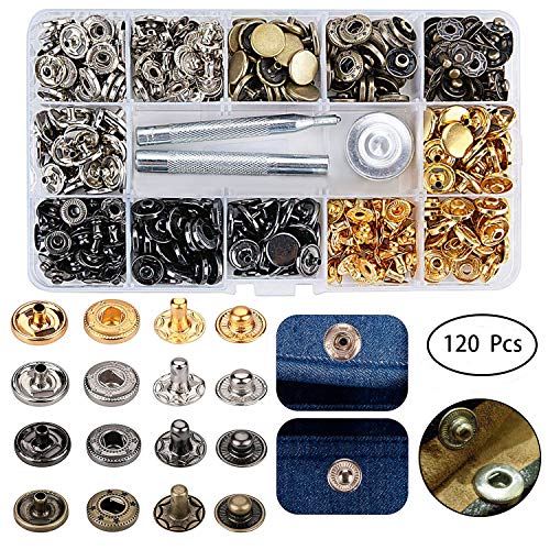 120 Pcs Snap Fasteners Kit,15mm Metal Snap Buttons Press Studs,3 Pieces Fixing Tools and Transparent Storage Box, 4 Color Clothing Snaps Kit for Leather, Jacket, Jeans Wear, Bracelet, Bags