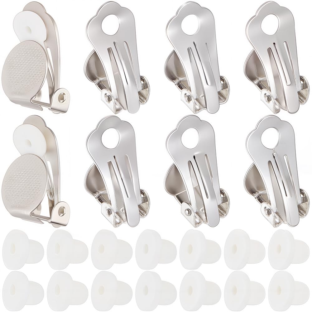 SOFPLATE 1 Box 60Pcs Silver Earring Converter Clip on Earrings Back Brass Non Pierced Ear Clips with Plastic Pads Painless Accessories for Jewellery Making Supplies DIY Women Beginner