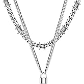 Yummiman Barb Wire Choker Necklace Lock Pendant Necklace for Men Women Stainless Steel Layered Gothic Thorns Punk Chunky Chain Necklaces