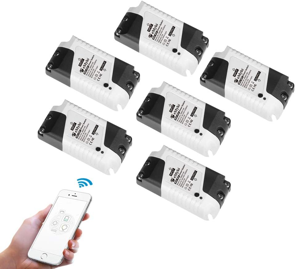 eMylo Smart Mini WiFi Switches Wireless Remote Control Alexa Relay Light Switch for Home Automation Compatible with Alexa,Google Home, Echo DIY Smart Home Devices via Iphone Android (6 Packs)