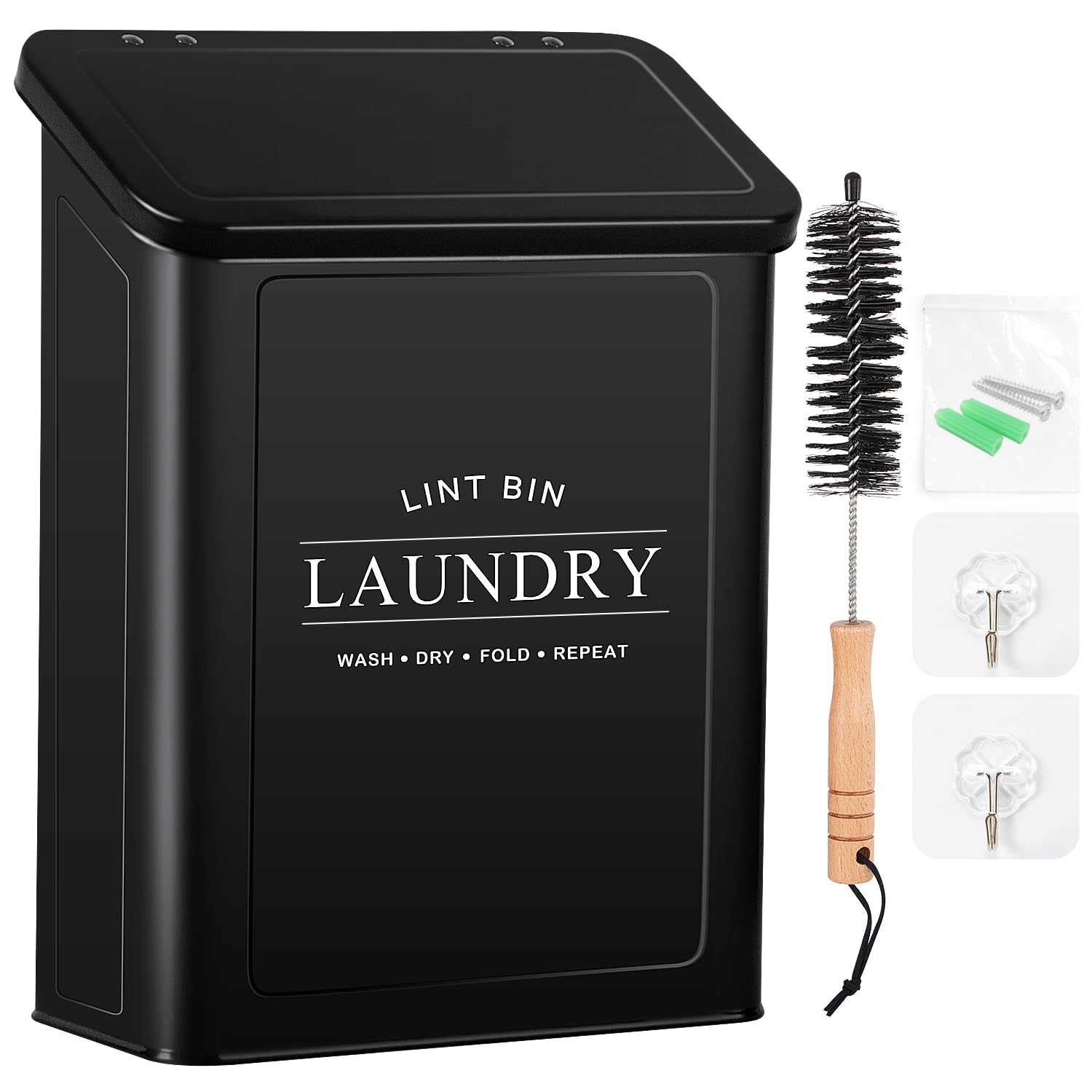 Photo 1 of Candco Magnetic Lint Bin for Laundry Room, Metal Lint Trash Can with Lid and Brush, Wall Mounted Lint Box for Dryer, Farmhouse Laundry Room Decor, Black