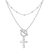 Cheyring Toggle Necklace for Women Sterling Silver Cross Paperclip Double Chain Necklace Cross Religious Dangle Jewelry Mothers Day Birthday Gifts