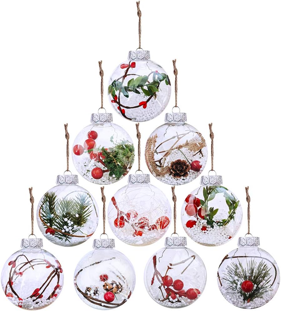10 Pcs Christmas Bulb Ornament Balls Clear Plastic Glass Ball Craft Baubles Ornaments Fillable Unbreakable Shatterproof Hanging Tree Ornaments Snow Berry Pine Filling Ornaments 3.14" for Holiday Decor
