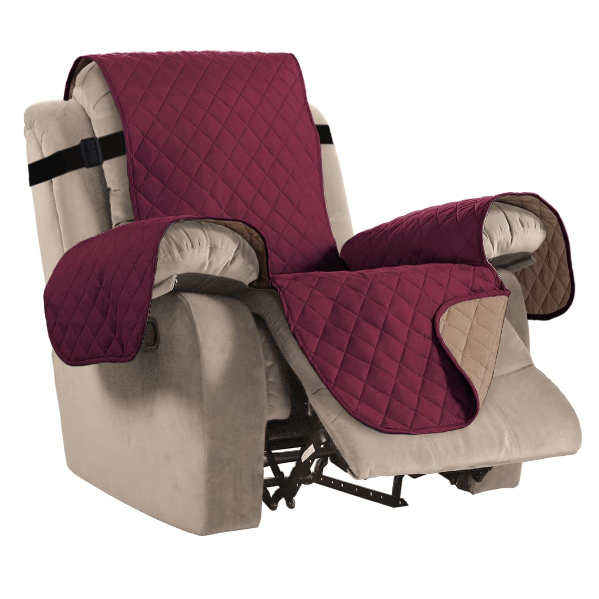 BellaHills Recliner Chair Cover Recliner Sofa Covers Water Resistant Recliner Covers Sofa Slipcovers for Cats Furniture Protector for Recliner Chair with Elastic Straps (Recliner,Burgundy/Tan)