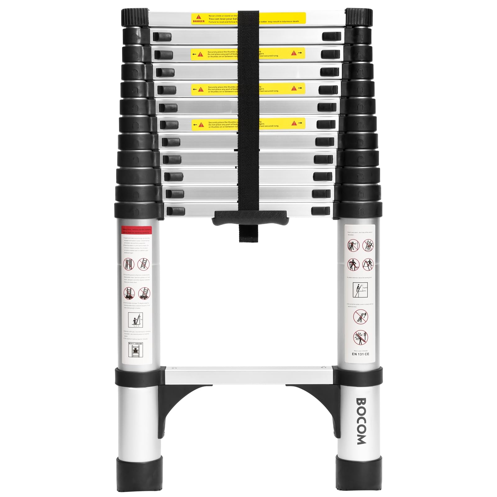 Photo 1 of BOCOM 12.5 FT Aluminum Telescoping Ladder, Lightweight Multi-Purpose Collapsible Extension with 2 Triangle Stabilizers, Heavy Duty 330 lbs Max Capacity, Ideal for Home, RV, and Outdoor Work Silver