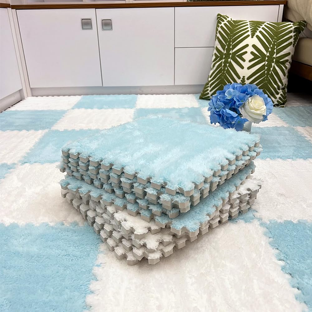 Photo 1 of 12pcs Carpet Squares Puzzle Floor Mat, Plush Interlocking Carpet Tiles, Anti Slip EVA Foam Jigsaw Floor Tiles, Build A Safe Area for Bedroom Playroom (Blue+White)