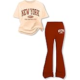 KIDLAGA Girls Clothes Tween Girl 2 Piece Outfits NEW YORK Short Sleeve & Flare Pants Kids Clothing Set Sizes 8-12 Years