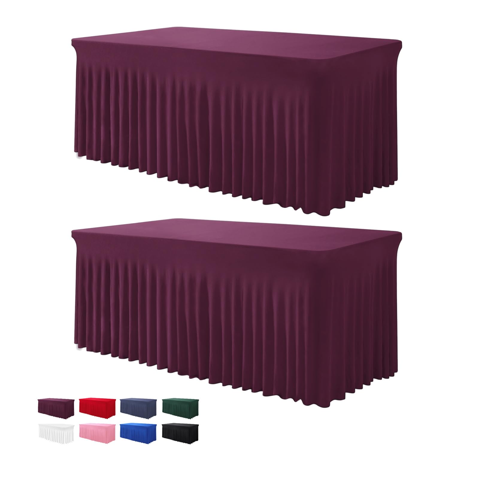 BDDC Table Skirts for Rectangle Tables 8ft - 2 Pack One-Piece Burgundy Tablecloths and Skirt, Wrinkle Resistant Ruffles Elastic Cover for Banquets, Weddings, Events, Parties Image
