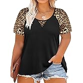 CARCOS Plus Size Tops for Women Short Sleeve Shirt Summer Star/Leopard/Tie Dye/Flower Crewneck Pullover Tunic XL-5XL