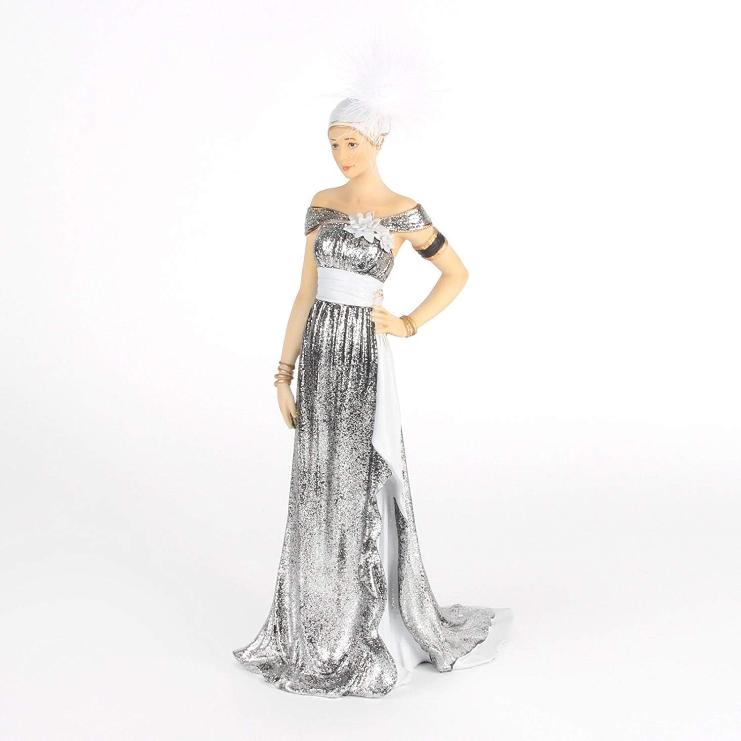 Art Deco 'Charleston' Resin Lady Gunmetal Silver Dress Figurine Ornament 30 cm